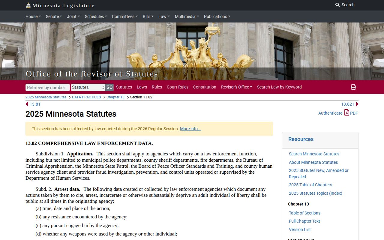Minnesota Statutes section 13.82 page for public booking-photo rules