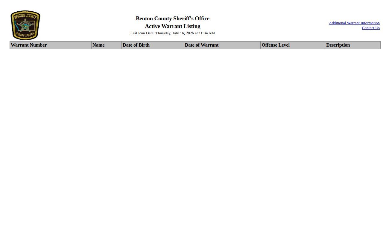 Benton County active warrant record listing